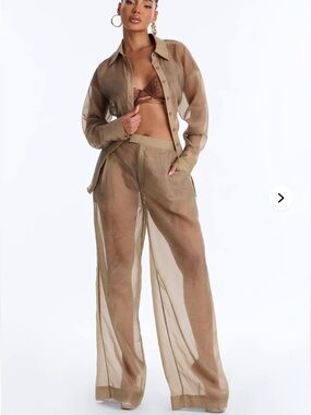 Fashions Nova Celine Organza Sheer Trousers Olive Size Small NWT